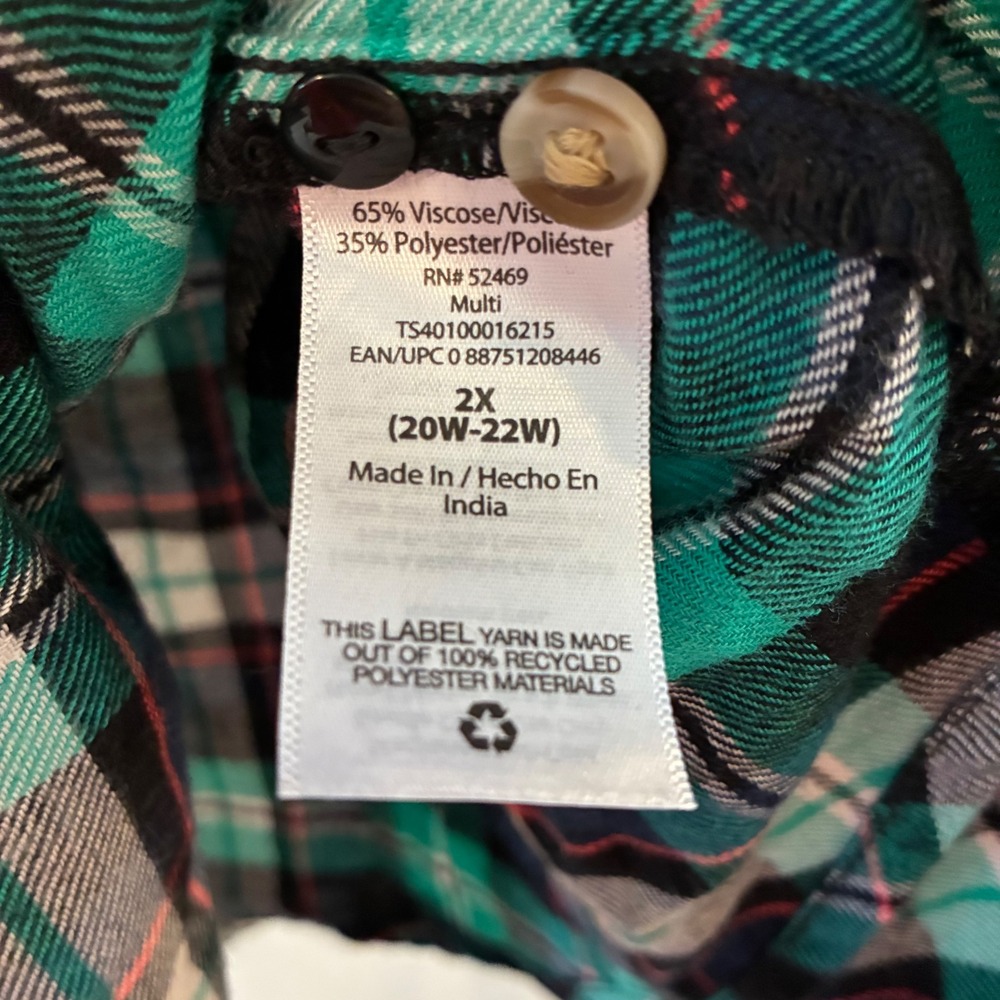 Terra & Sky Womens 2X Green Plaid Button Down Flannel Shirt Long Sleeve Viscose - Picture 7 of 8